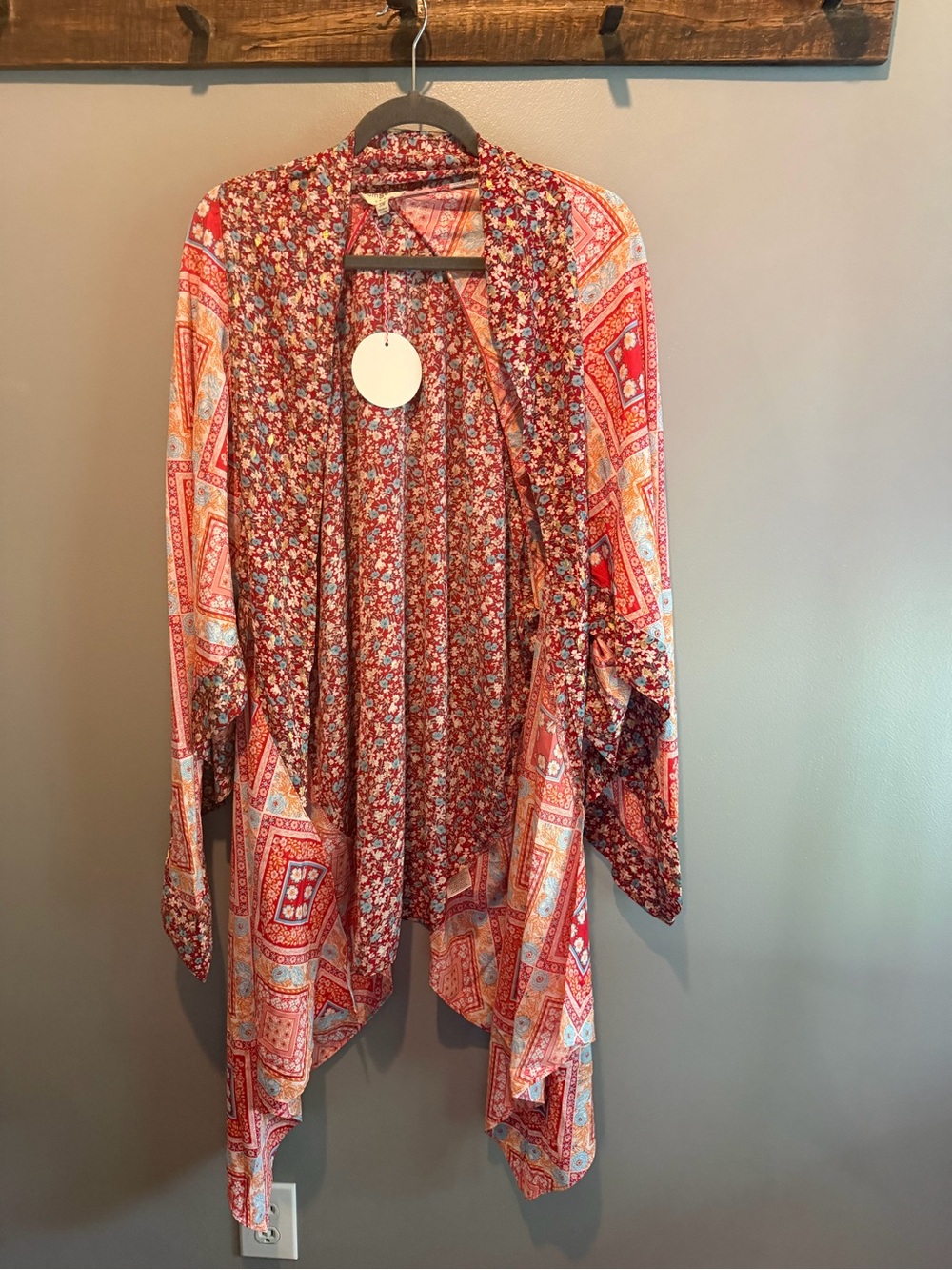 Umgee Red Multi-Print Open Front Boho Cardigan
